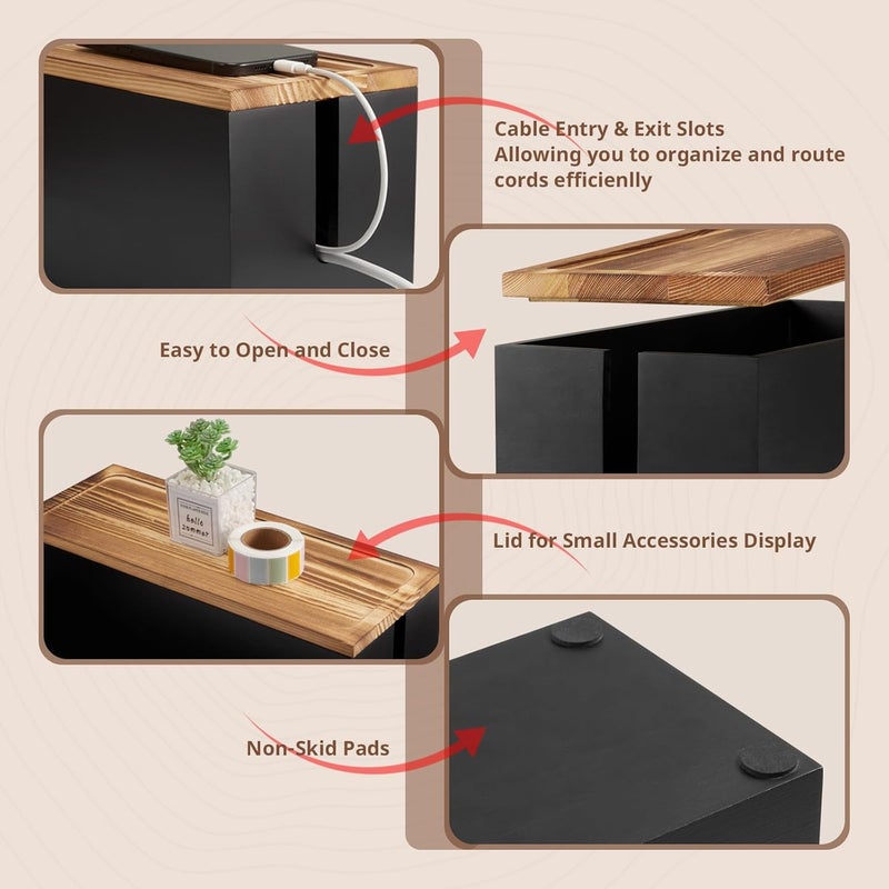 CMLKLZD Large Wood Cable Management Box - Cable Organizer Box - 2 Open Slots Cords Hider Box - Under Desk Cord Organizer for Power Strip Extension Cord Surge Protector Charger Wire, Black - Image 5